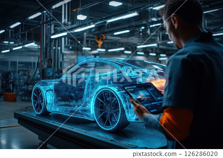 Auto engineer next to a holographic model of a car. Innovative technologies in the development of car design. A holographic model demonstrates the future of car design to the engineer. 126286020