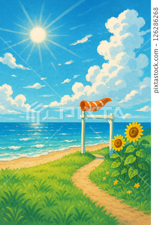 Summer seaside scenery with sunflowers and swaying weathervanes 126286268