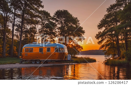 Large orange trailer is parked on the shore of a lake. The sun is setting, casting a warm glow over the scene. The water is calm and still, reflecting the orange sky and the trailer 126286417