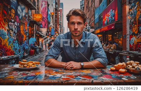 Man is sitting at a table with a plate of food in front of him. The table is covered in graffiti and the man is wearing a blue shirt Man is sitting at a table with a plate of food in front of him. The table is covered in graffiti and the man is wearing a blue shirt 126286419