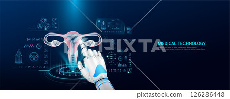 Robot index finger is touching a human uterus. Medical health care with futuristic technology AI. Organ X ray examination and scan virtual simulation interface hologram. Banner vector. Robot index finger is touching a human uterus. Medical health care with futuristic technology AI. Organ X ray examination and scan virtual simulation interface hologram. Banner vector. 126286448