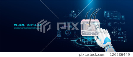 Robot index finger is touching a human hair skin. Medical health care with futuristic technology AI. Organ X ray examination and scan virtual simulation interface hologram. Banner vector. 126286449