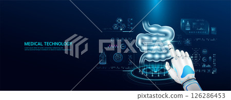 Robot index finger is touching a human small intestine. Medical health care with futuristic technology AI. Organ X ray examination and scan virtual simulation interface hologram. Banner vector. 126286453