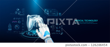 Robot index finger is touching a human shoulder. Medical health care with futuristic technology AI. Organ X ray examination and scan virtual simulation interface hologram. Banner vector. 126286454