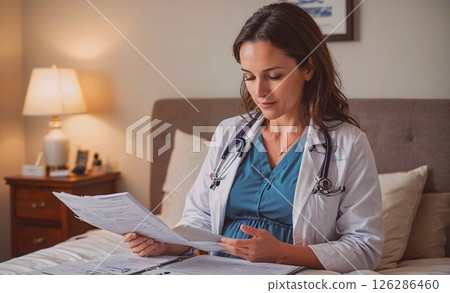 Woman doctor is reading a medical document on a bed. She is wearing a white coat and a blue shirt 126286460