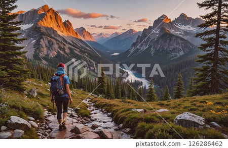 Woman is hiking in the mountains with a backpack. The mountains are in the background and the river is in the foreground. The scene is peaceful and serene, with the woman enjoying the beauty of nature 126286462