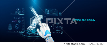 Robot index finger is touching a human ankle joint bone. Medical health care with futuristic technology AI. Organ X ray examination and scan virtual simulation interface hologram. Banner vector. 126286463
