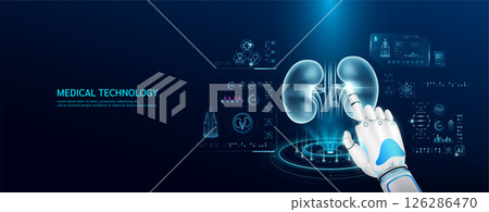 Robot index finger is touching a human kidney. Medical health care with futuristic technology AI. Organ X ray examination and scan virtual simulation interface hologram. Banner vector. Robot index finger is touching a human kidney. Medical health care with futuristic technology AI. Organ X ray examination and scan virtual simulation interface hologram. Banner vector. 126286470