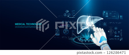 Robot index finger is touching a human liver. Medical health care with futuristic technology AI. Organ X ray examination and scan virtual simulation interface hologram. Banner vector. Robot index finger is touching a human liver. Medical health care with futuristic technology AI. Organ X ray examination and scan virtual simulation interface hologram. Banner vector. 126286471