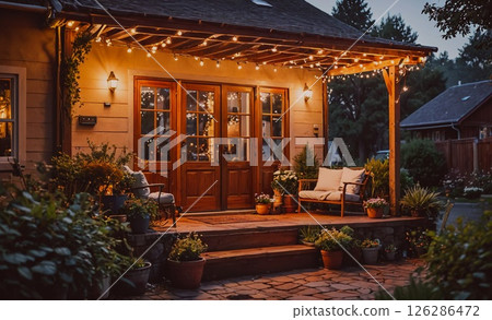 House with a porch lit up with lights. The porch has a bench and a couple of chairs 126286472