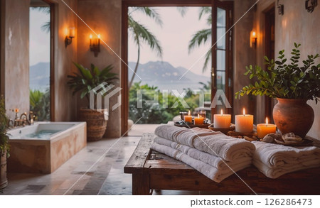 Bathroom with a large window overlooking the ocean. The room is decorated with candles and a vase of flowers Bathroom with a large window overlooking the ocean. The room is decorated with candles and a vase of flowers 126286473