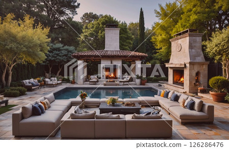Large outdoor living space with a pool and a fireplace. The pool is surrounded by a lot of couches and chairs, and there are several potted plants and vases scattered throughout the area. The 126286476