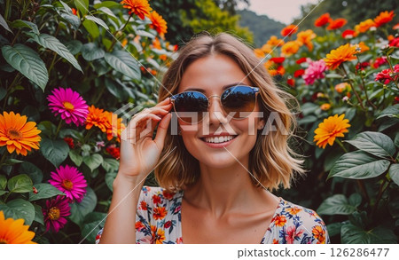 Woman wearing sunglasses and a floral dress is smiling in a field of flowers. The bright colors of the flowers and the woman's smile create a cheerful and uplifting mood 126286477