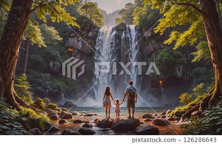 Family of three stands in front of a waterfall. The man is holding the child's hand, and the woman is holding the other child's hand. The scene is peaceful and serene, with the family enjoying the 126286643