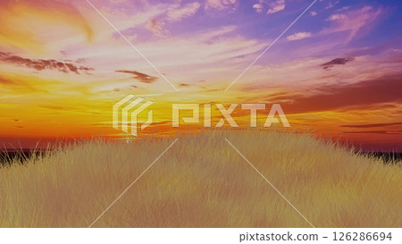 3D illustration of a beautiful sunrise (sunset) and fields 126286694