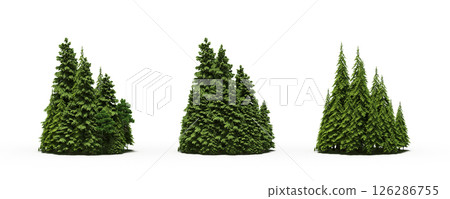 group of trees isolated on a transparent background, big trees in the forest, 3D illustration, cg render 126286755