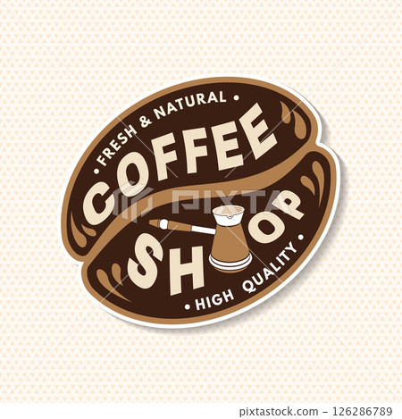 Coffee shop. Hot and aromatic. Vector illustration. Concept for cafe and restaurant logo, brand, label. Logo with coffee beans and bowl with a handle for making coffee on the stove. Turkish pot of 126286789