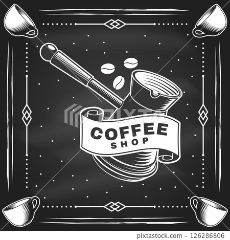 Coffee shop logo, badge, patch design on the chalkboard. Vector. Concept for cafe and restaurant logo, brand, label. Logo with copper pot with a handle for making coffee on the stove. Turkish pot of Coffee shop logo, badge, patch design on the chalkboard. Vector. Concept for cafe and restaurant logo, brand, label. Logo with copper pot with a handle for making coffee on the stove. Turkish pot of 126286806