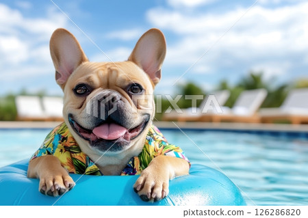 A French Bulldog wearing a colorful Hawaiian shirt while floating on a blue inflatable in a swimming pool. The background features lounge chairs, palm trees, and a clear sky. A French Bulldog wearing a colorful Hawaiian shirt while floating on a blue inflatable in a swimming pool. The background features lounge chairs, palm trees, and a clear sky. 126286820