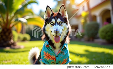 A cheerful Siberian Husky dog wearing a bright turquoise Hawaiian shirt with vibrant orange floral patterns, photographed outdoors in a tropical resort setting. 126286833