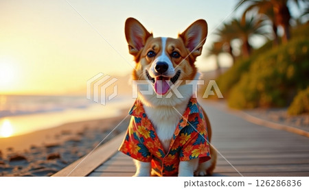 A joyful Pembroke Welsh Corgi wearing a vibrant floral Hawaiian shirt poses on a wooden boardwalk during a stunning beach sunset. The dog displays an infectious smile with its tongue out. 126286836