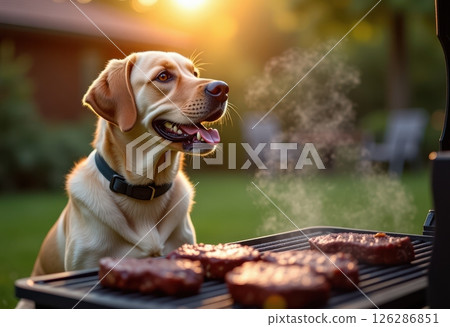 A golden Labrador retriever eagerly watches juicy burgers sizzling on a barbecue grill during golden hour. The dog displays a joyful expression with mouth open and tongue visible. 126286851