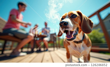 A happy beagle dog with a wide smile stands on a wooden deck during a bright summer day. The dog's expressive face is in sharp focus, showing its brown and white coat, long floppy ears. 126286852