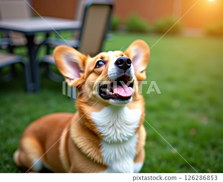 Corgi dog with distinctive orange and white fur gazes upward with a joyful expression, mouth open wide and pink tongue visible.	 126286853