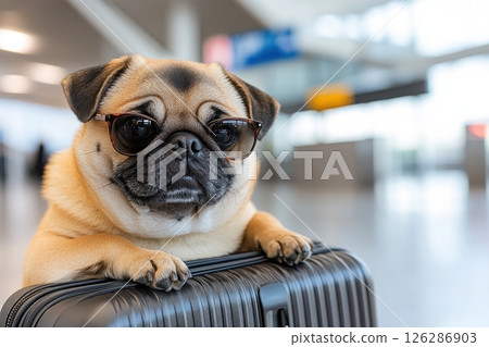 This adorable photo captures a pug wearing stylish sunglasses while sitting on a black suitcase in an airport terminal. With expressive eyes and a relaxed pose, the pug exudes charm. 126286903