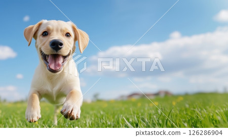 A Labrador puppy joyfully running on a lush green grass field under a clear blue sky with scattered white clouds. The image captures the playful and energetic nature of the young dog 126286904
