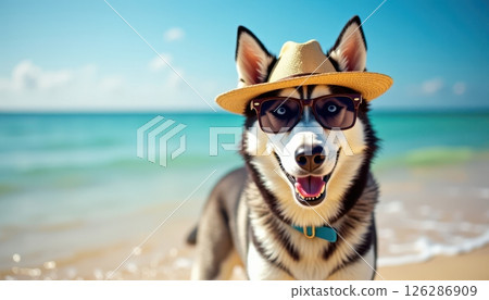 A Siberian Husky enjoying a sunny day at the beach, wearing a straw hat. The turquoise waters and clear blue sky in the background create a serene and relaxing atmosphere. 126286909