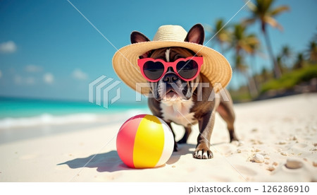 A playful French Bulldog enjoying a tropical beach vacation, wearing a straw sun hat and heart-shaped pink sunglasses. The dog stands confidently on pristine white sand next to a colorful beach ball. A playful French Bulldog enjoying a tropical beach vacation, wearing a straw sun hat and heart-shaped pink sunglasses. The dog stands confidently on pristine white sand next to a colorful beach ball. 126286910