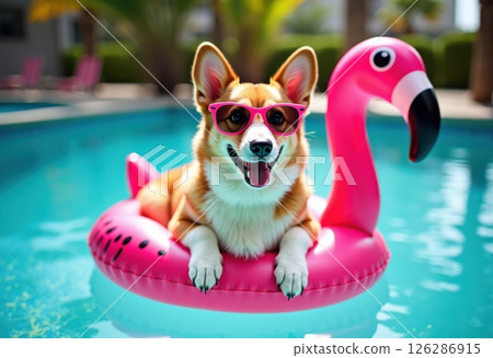A cheerful Welsh Corgi dog wearing bright pink sunglasses while floating on a pink flamingo pool inflatable in a turquoise swimming pool. The happy dog is smiling with its tongue out. 126286915