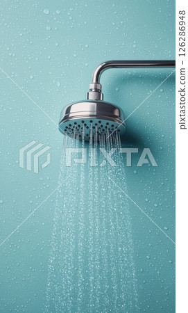 Flowing showerhead over turquoise background isolated water feature minimalist design Flowing showerhead over turquoise background isolated water feature minimalist design 126286948