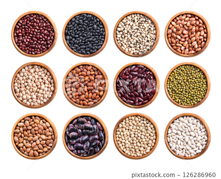 Beans in wooden bowls. 1st row Adzuki, black beans, black eyed peas, borlotti beans. 2nd row chickpeas, Dutch brown, kidney, mung beans. 3rd row pinto, scarlet runner, soybeans, white or navy beans. 126286960