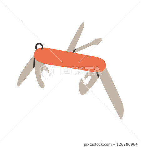 Simple red camping multitool. Multi purpose pocket knife in flat style for outdoor camping equipment. Multi function tool hover concept. Modern one line draw design graphic illustration 126286964
