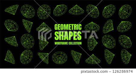 Wireframe lined shapes. Perspective mesh, 3d grid. Low poly geometric elements. Retro futuristic design elements, y2k, vaporwave and synthwave style. Vector illustration 126286974