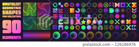 Brutalist geometric shapes, neon modern symbols. Groovy checkered pattern, distorted tiled grid. Simple elements, forms. Retro design, trendy contemporary minimalist style, y2k. Vector illustration Brutalist geometric shapes, neon modern symbols. Groovy checkered pattern, distorted tiled grid. Simple elements, forms. Retro design, trendy contemporary minimalist style, y2k. Vector illustration 126286976