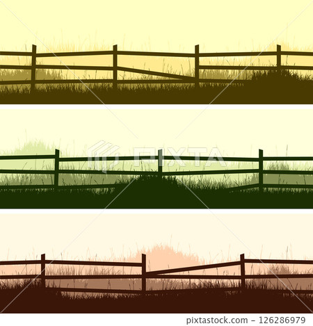 Meadow silhouettes with grass and old wooden fence. Countryside, panoramic summer lawn rural landscape with herbs, weeds. Herbal border, frame element. Brown horizontal banners. Vector illustration 126286979