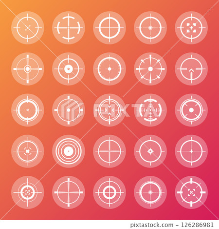 Colorful sniper rifle sights, weapon optical scope crosshair. Hunting gun viewfinder. Shooting mark symbol, aim. Military target sign. Game interface UI element. Vector illustration 126286981
