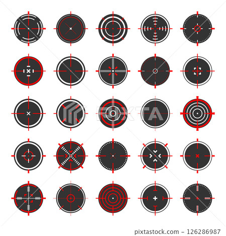 Round sniper rifle sights, weapon optical scope crosshair. Hunting gun viewfinder. Shooting mark symbol, aim. Military target sign. Game interface UI element. Vector illustration Round sniper rifle sights, weapon optical scope crosshair. Hunting gun viewfinder. Shooting mark symbol, aim. Military target sign. Game interface UI element. Vector illustration 126286987