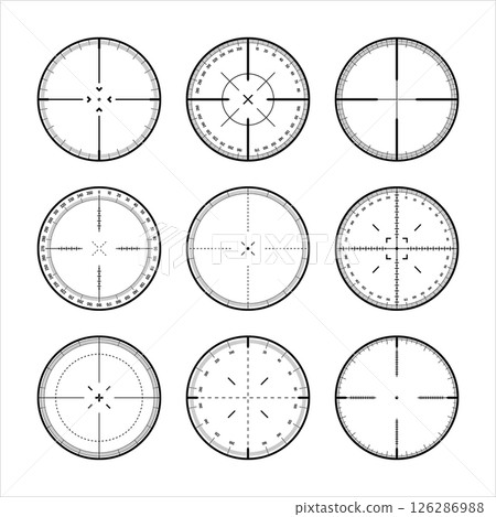 Various sniper rifle sights with degree scale, weapon optical scope crosshair. Hunting gun viewfinder. Shooting mark symbol, aim. Military target sign. Game interface UI element. Vector illustration Various sniper rifle sights with degree scale, weapon optical scope crosshair. Hunting gun viewfinder. Shooting mark symbol, aim. Military target sign. Game interface UI element. Vector illustration 126286988