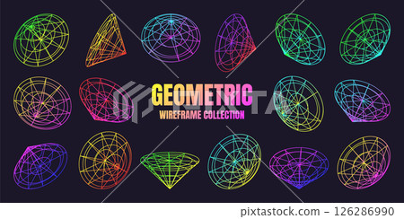 Neon lined wireframe shapes. Perspective mesh, 3d grid. Low poly geometric elements. Retro futuristic design elements, y2k, vaporwave and synthwave style. Vector illustration Neon lined wireframe shapes. Perspective mesh, 3d grid. Low poly geometric elements. Retro futuristic design elements, y2k, vaporwave and synthwave style. Vector illustration 126286990
