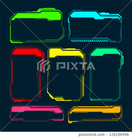 Futuristic HUD or UI elements. Sci-fi user interface text boxes, callouts. Colorful warning message frame, information boxes template. Modern game interface layout, digital style. Vector illustration 126286996