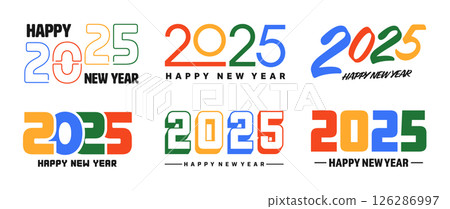 Set of 2025 Happy New Year greeting text designs. Christmas banner, poster, festive greeting card or seasonal promotion template. Collection of 2025 numbers with greetings. Vector illustration 126286997
