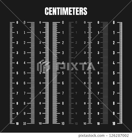 Vertical centimeter scale for measuring length or height. Various measurement scales with divisions. Ruler, tape measure marks, size indicators. Vector illustration 126287002