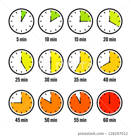 Stopwatch icons. Colorful simple chronometer, time counter with dial. Countdown timer showing hours and minutes. Deadline, measurement for sport. Cooking time label, sticker. Vector illustration 126287012