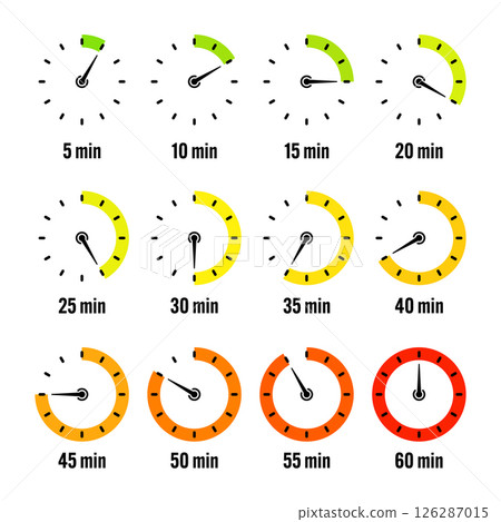 Simple stopwatch icons. Colorful chronometer, time counter with dial. Countdown timer showing hours and minutes. Deadline, measurement for sport. Cooking time label, sticker. Vector illustration 126287015