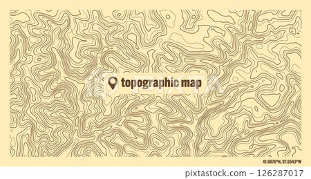 Colorful topographic map with contour lines. Geographic terrain grid, relief height elevation. Ground path pattern. Travel and navigation, cartography design element. Vector illustration 126287017