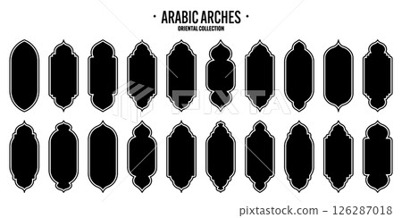 Islamic frames, oriental style objects. Arabic shapes, windows and arches. Traditional ornamental banner, frame. Muslim holidays, Ramadan Kareem. Modern eastern architecture. Vector illustration 126287018